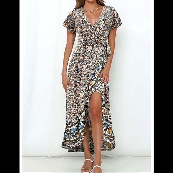 Dresses & Skirts - 🆕Floral Wrap V Neck Beach Flowy Ruffle Midi Dress